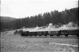 Lok 141, Güterzug 305, Fehlatal, bei Gauselfingen, die Lok fährt wegen großen Stückgutanfalls mit zwei Packwagen von 1901