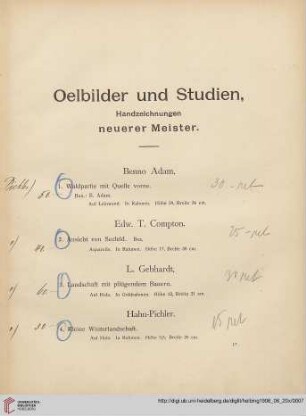 Ölbilder und Studien, Handzeichnungen neuerer Meister (Nr. 1-278)