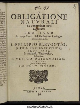 De Obligatione Naturali Ex conventione turpi Dissertatio