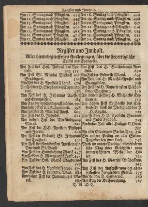 Register und Innhalt. Aller hierin begrieffenen Auslegungen / über die Feyertägliche Epistel und Evangelia