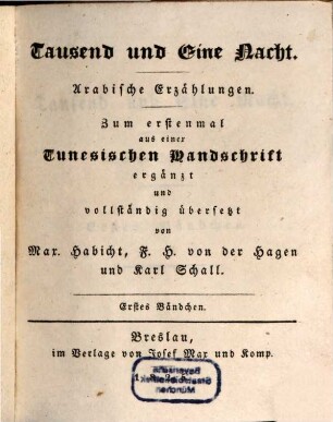 Tausend und eine Nacht : arabische Erzählungen. 1. Bändchen