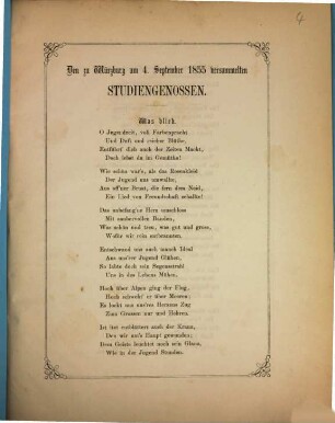 Den zu Würzburg am vierten 4. September 1855 versammelten Studiengenossen
