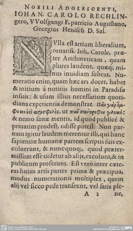 Nobili Adolescenti, Iohan. Carolo Rechlingero, Wolfgangi F. patricio Augustano Georgius Henisch D. Sal.