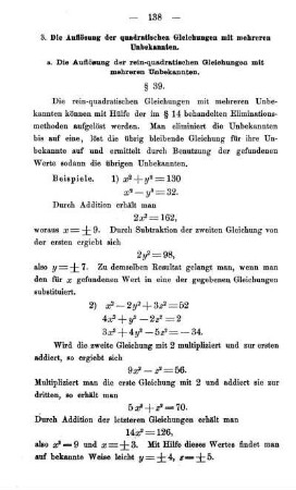 a. Die Auflösung der rein-quadratischen Gleichungen mit mehreren Unbekannten. § 39.