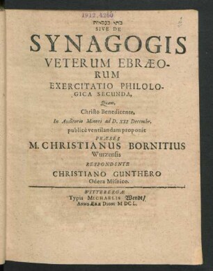B¯attê knesyôt Sive De Synagogis Veterum Ebraeorum Exercitatio Philologica Secunda