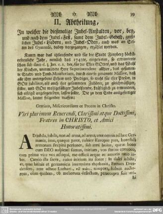II. Abtheilung, In welcher die dießmalige Jubel-Anstalten, vor, bey, und nach dem Jubel-Fest, samt dem Jubel-Gebeth, geistlichen Jubel-Liedern, und Jubel-Oden, auch was an Seiten des Gymnasii, dabey vorgegangen, erzählet werden