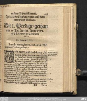 [Christliche Leichpredigten/ auß dem II. Buch Samuelis.]