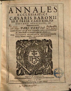 Epitome Annalivm Ecclesiasticorum Caesaris Baronii S.R.E. Card. Biblioth. Apost.. T. 3