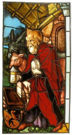 Geburt Christi (rechte Hälfte) mit dem Hl. Josef und Wappen der Familie Viatis, aus der ehemaligen Annenkapelle auf dem Kirchhof von St. Lorenz, Nürnberg. Zugehörig zu einem Zyklus von vier Scheiben, linke Hälfte der Geburt Christi: Gm.023, Geburt Mariens: Gm.021-022
