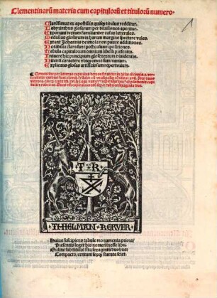 Cleme[n]tis pape q[ui]nti co[n]stitutiones una cu[m] p[ro]fu[n]do apparatu d[omi]ni Joan[n]is Andree : Casus litterales. Notabilia & Glosarum divisiones complexe. Prohemium