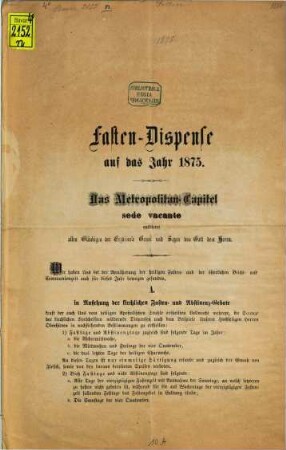 Fasten-Dispense auf das Jahr 1875 : Sede vacante. Joseph Gabriel Fellner, Capitular-Visar