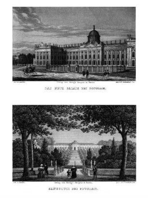Tafel: Das Neue Palais bei Potsdam; Sanssouci bei Potsdam