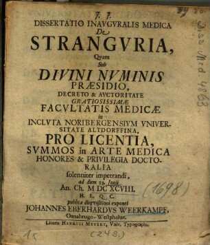 Dissertatio Inavgvralis Medica De Strangvria