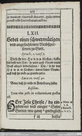 LXII. Gebet einer schwermütigen und angefochtenen Weibßpersonen zu Gott