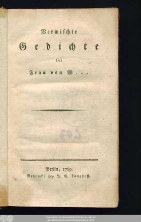 Vermischte Gedichte der Frau von W...