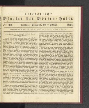 No 894. Hamburg. Sonnabend, den 15. Februar. 1834.: No. 894, Hamburg. Mittwoch, den 15. Februar. 1834.