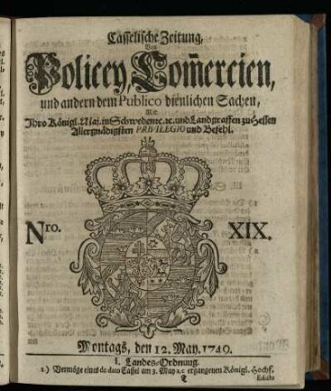 Nro. XIX, Montags, den 12. May 1749