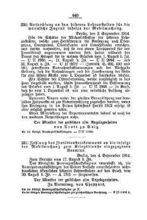 Zahlung des Zivildiensteinkommens an die infolge der Mobilmachung zum Kriegsdienste eingezogenen Beamten : [C. Höhere Lehranstalten für die männliche Jugend]