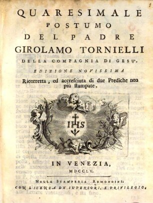 Quaresimale postumo del Padre Girolamo Tornielli