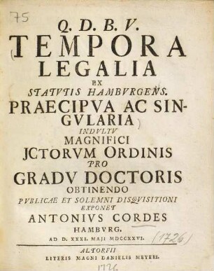 Tempora legalia ex statutis Hamburgensibus praecipua ac singularia