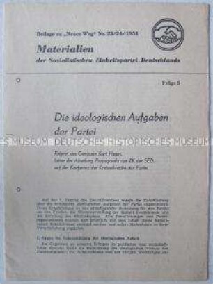 Sonderruck mit dem Text der Rede von Kurt Hager über die ideologischen Aufgaben der Partei auf einer Konferenz der SED-Kreissekretäre (Beilage zu "Neuer Weg", Nr. 23/24(1951)