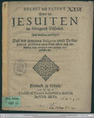 Decret und Patent Wider die Jesuiten im Königreich Böheimb