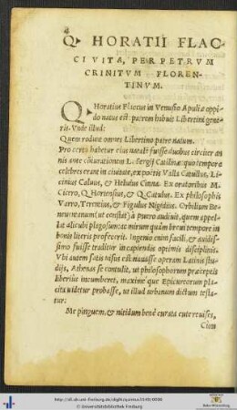HORATII FLACCI VITA PER PETRUM CRINITUM FLORENTINUM