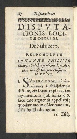 Disputationis Logicae Decas XI. De Subiecto.