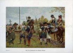 Uniformdarstellung, Artilleristen, Infanteristen und Kavalleristen aus Kursachsen, Kurbrandenburg, Hessen-Darmstadt, Bayern und Württemberg, 1630/1685.