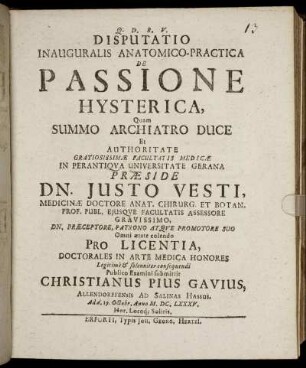 Disputatio Inauguralis Anatomico-Practica De Passione Hysterica