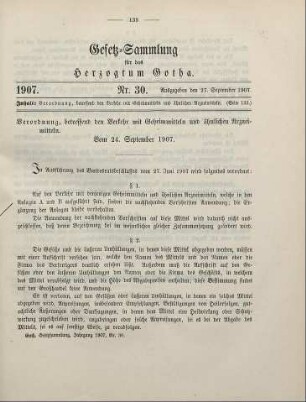 30. Verordnung betreffend den Verkehr mit Geheimmitteln und ähnlichen Arzneimitteln. Vom 24. September 1907