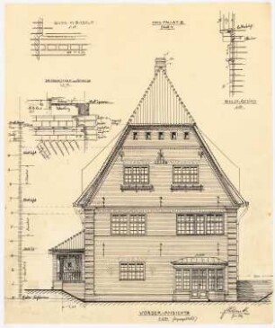 Landhaus Pallat in Stolpe, Berlin-Wannsee: Aufriss: Vorderansicht 1:50 (spiegelbildlich zum Erstentwurf, Inv.Nr. 43254); Details 1:10: Gesims am Giebel in Ansicht und Schnitt, Pfeilergesims, Dachüberstand am Giebel in Ansicht und Schnitt