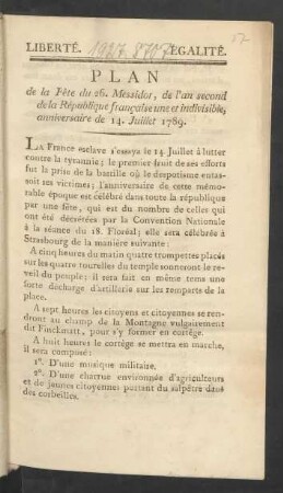 Plan de la Fête du 26. Messidor, de l'an second de la République française une et indivisible, anniversaire de 14 Juillet 1789