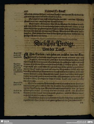 Die sechste Predigt. Von der Tauff