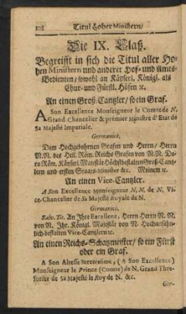 Die IX. Claß. Begreifft in sich die Titul aller Hohen Ministern und anderer Hof- und Amts-Bedienten / sowohl ...