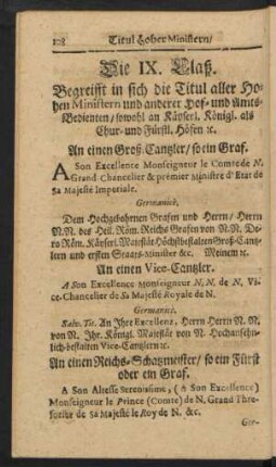 Die IX. Claß. Begreifft in sich die Titul aller Hohen Ministern und anderer Hof- und Amts-Bedienten / sowohl ...