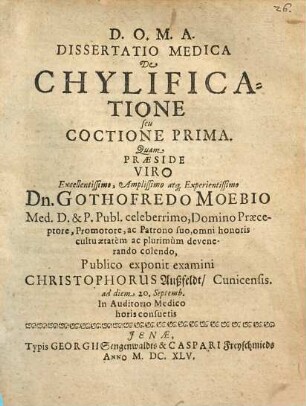 Dissertatio Medica De Chylificatione seu Coctione Prima