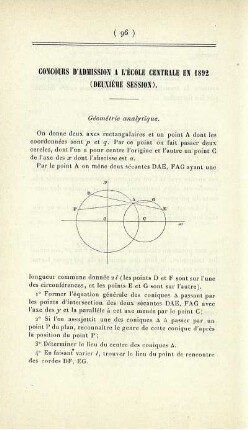 Concours d'admission a l'École Centrale en 1892 (deuxième session).