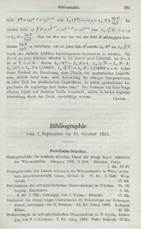 Bibliographie vom September bis 31. October 1885.