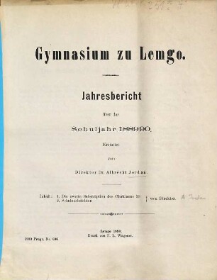Jahresbericht : über das Schuljahr von Ostern ... bis Ostern .... 1889/90