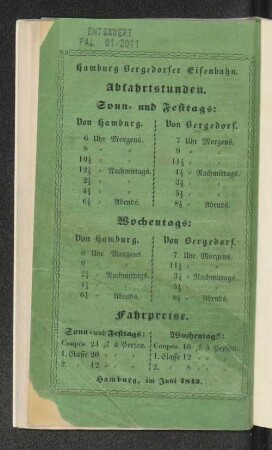 Hamburg Bergedorfer Eisenbahn. Abfahrtsstunden und Fahrpreise.