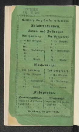 Hamburg Bergedorfer Eisenbahn. Abfahrtsstunden und Fahrpreise.