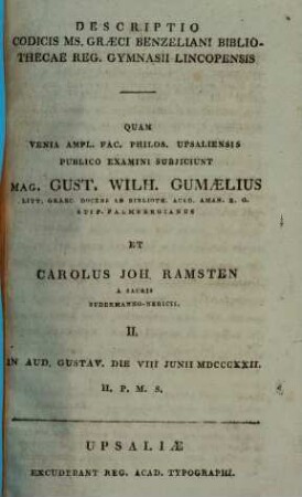 Descriptio codicis ms. Graeci Benzeliani bibliothecae reg. gymnasii Lincopensis, Pars II.