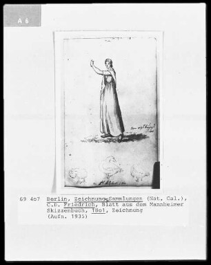 Studie einer schreitenden Frauengestalt mit erhobenen Armen und Gänse, Folio recto