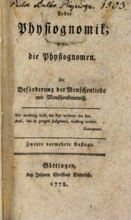 Ueber Physiognomik; wider die Physiognomen : Zu Beförderung der Menschenliebe und Menschenkenntniß