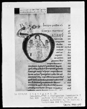 Stuttgarter Passionale — Pars hiemalis (erster Band) — Initiale D (acianus), darin Martyrium des heiligen Georg, Folio 42verso