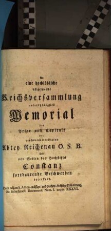 An eine hochlöbliche, allgemeine Reichsversammlung unterthänigstes Pro Memoria