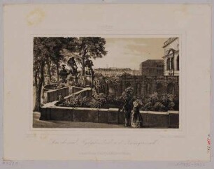 Das Nymphenbad im Zwinger in Dresden, Blick vom ehemaligen Zwingerwall nach Norden, im Hintergrund das Hotel Bellevue (Calberlasche Zuckersiederei)