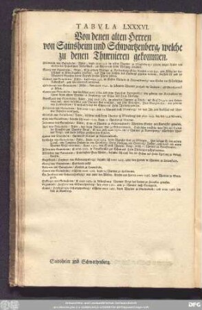 Tabula LXXXVI. Von denen alten Herren von Sainsheim und Schwartzenberg, welche zu denen Thurnieren gekommen.