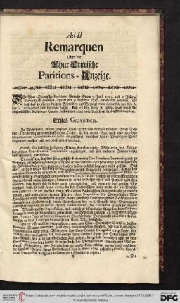 Ad II. Remarquen ueber die Chur Trierische Paritions - Anzeige